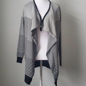 ZARA Premium Knit Drapey Cardigan Open Front Sweater Black White Stripes Winter